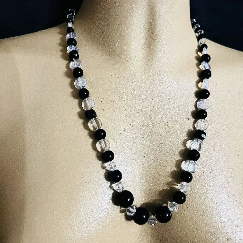 Vintage Clear Black Beads Beaded Necklace Confetti Flat Beads Barrel Clasp  4166